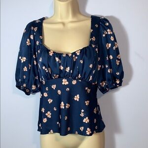 Wayf milkmaid puff sleeve blouse Floral Navy Blue Size s square neck babydoll